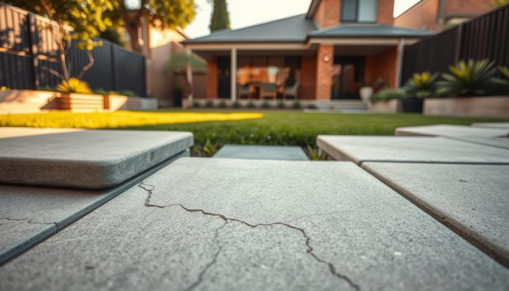 A close-up view of sturdy concrete slabs arranged in a suburban Melbourne backyard, showcasing the different textures and colors of the concrete surface. In the foreground, focus on a slightly cracked slab, depicting signs of wear. The middle ground reveals a neatly maintained lawn and a few potted plants, offering a contrast to the hard surfaces. The background features a typical Melbourne home, crafted in modern architecture with warm brick tones. The scene is illuminated by soft, golden afternoon sunlight, casting gentle shadows that enhance the textures. Capture this image from a low angle to emphasize the concrete's stability and the welcoming nature of the surroundings, conveying a sense of reliability and professionalism. A close-up view of sturdy concrete slabs arranged in a suburban Melbourne backyard, showcasing the different textures and colors of the concrete surface. In the foreground, focus on a slightly cracked slab, depicting signs of wear. The middle ground reveals a neatly maintained lawn and a few potted plants, offering a contrast to the hard surfaces. The background features a typical Melbourne home, crafted in modern architecture with warm brick tones. The scene is illuminated by soft, golden afternoon sunlight, casting gentle shadows that enhance the textures. Capture this image from a low angle to emphasize the concrete's stability and the welcoming nature of the surroundings, conveying a sense of reliability and professionalism.