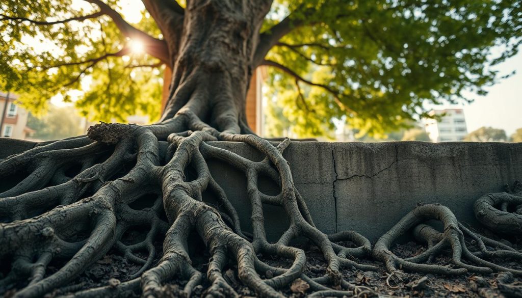 A close-up view of tree roots intertwining with a foundation in an urban setting, illustrating the impact of tree growth on structural integrity. In the foreground, detailed and textured roots spread outwards, showcasing their complex patterns and interactions with the concrete foundation. In the middle ground, a partially visible building foundation displays subtle cracks and signs of stress, indicating movement. The background features a blurred, leafy tree canopy filtering warm sunlight, creating a serene yet tense atmosphere. Soft shadows enhance the three-dimensionality of the scene, shot from a low angle to emphasize the roots' dominance. The overall mood is contemplative, highlighting the delicate balance between nature and urban environments, conveying the urgency of addressing foundation issues.