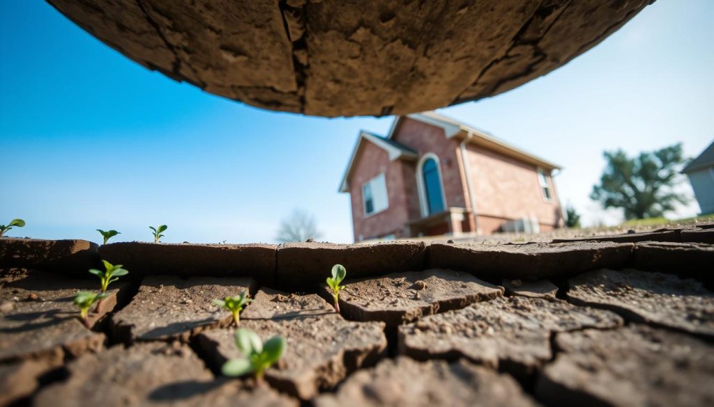 A close-up view of various home inspection signs indicating the need for underpinning, including visible cracks in walls, uneven flooring, and bowing doorframes. In the foreground, a cracked foundation with small plants growing from crevices symbolizes neglect. The middle ground features a slightly tilted house with noticeable fissures in the brickwork, while the background shows a clear blue sky contrasting with the home’s distressed appearance. Soft, natural lighting creates a realistic atmosphere, emphasizing shadows around the cracks. The angle is slightly from below to enhance the height of the house, conveying a sense of instability. The overall mood is serious but informative, highlighting potential structural issues.