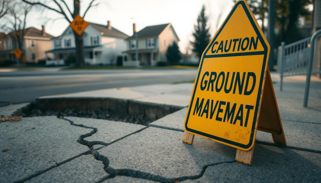 A close-up view of warning signs indicating subsidence, prominently displayed in an urban setting. The foreground features a cracked sidewalk with a bright yellow "Caution: Ground Movement" sign. In the middle ground, a partially sunken section of pavement is visible, with uneven ground revealing exposed tree roots. The background showcases a suburban neighborhood with houses exhibiting slight tilting or foundation issues. Soft afternoon sunlight casts gentle shadows, enhancing the texture of the cracks and signs. The atmosphere is slightly tense, signaling urgency and the need for awareness. The overall color palette includes earthy tones mixed with bright safety colors like yellow and orange, evoking a sense of importance and alertness.