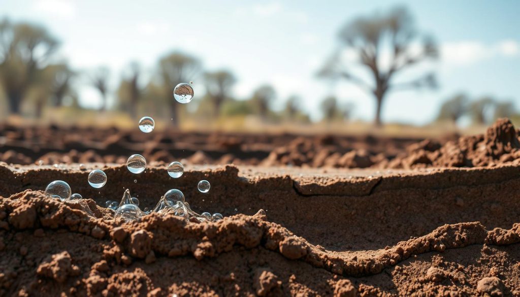 A close-up view of water molecules moving through layers of reactive clay soil, showcasing dynamic moisture movement. In the foreground, tiny droplets of water are nestled within the clay, with intricate details highlighting their interaction with the particles. The middle ground features a semi-transparent cross-section of the clay, illustrating how moisture permeates and affects the soil structure, causing subtle distortions. In the background, a blurred landscape of a typical Melbourne setting with eucalyptus trees and a light blue sky enhances the natural environment. Soft, diffused sunlight filters through the scene, creating a warm, inviting atmosphere while maintaining a scientific tone. The image captures the essence of moisture dynamics, emphasizing the delicate balance and potential for structural damage in clays.