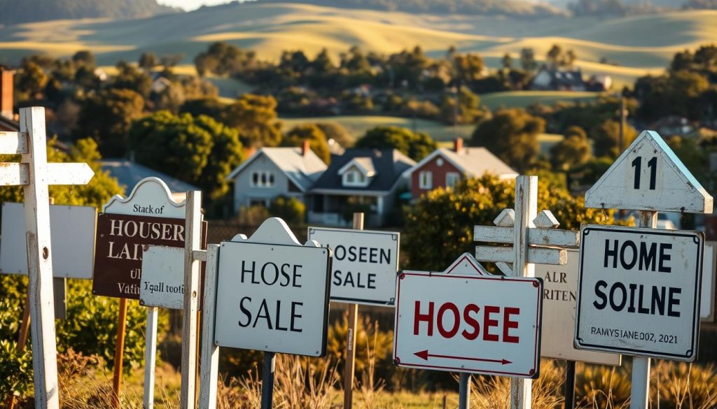 A collection of diverse house signs displayed prominently in a serene suburban setting of Mornington Peninsula, capturing signs of wear and potential issues. In the foreground, various signs with faded paint, cracks, and tilting positions represent homes needing attention. The middle ground features well-maintained homes framed by lush greenery, while the background reveals gently rolling hills under a soft, golden morning light. Use a wide-angle lens to emphasize the signs, with natural sunlight casting soft shadows, creating a warm, inviting atmosphere. The mood should reflect a blend of concern and beauty, highlighting the importance of home maintenance in a picturesque neighborhood.