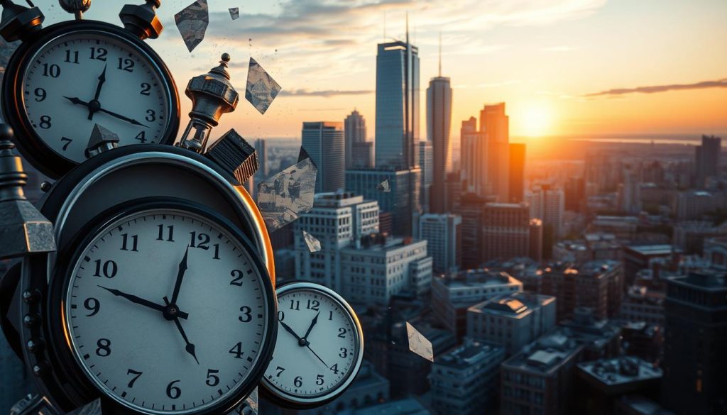 A conceptual visualization of "Timeframes Property," featuring an abstract representation of fragmented time and change. In the foreground, highlight stylized clocks melting and intertwining with modern urban architecture, symbolizing the disruption of time. The middle ground should depict a city skyline morphing from historic buildings to futuristic designs, illustrating the evolution of urban landscapes over time. In the background, a horizon bathed in a warm sunset glow, casting long shadows, enhancing the feeling of transition. Use soft yet dynamic lighting to create an intriguing contrast between past and present. Capture a sense of movement and progress, with a slight blur effect on the buildings to suggest a fleeting moment. The overall mood should evoke reflection and anticipation, inviting viewers to ponder the unfolding outcomes of change.