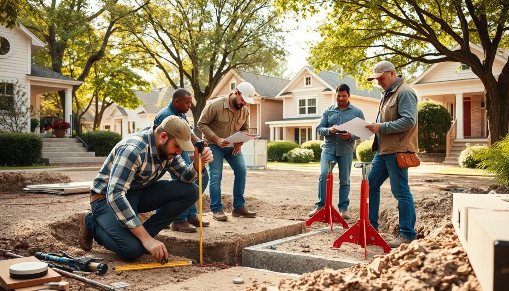 A construction scene in Merri-bek focusing on foundation repair and re-levelling, showcasing a diverse team of professionals in modest casual clothing diligently inspecting and marking a residential property’s foundation. In the foreground, a technician kneels next to a measuring tool, while another team member discusses plans with a clipboard. The middle ground features tools such as hydraulic jacks and leveling equipment, alongside a partially exposed foundation. The background depicts charming suburban homes, with leafy trees framing the scene under soft, natural daylight creating a clear and focused atmosphere. The image captures a sense of teamwork and community effort, emphasizing precision and care in home foundation work. The perspective is slightly elevated, providing an overview of the process in action, with a warm color palette that conveys a productive and hopeful mood.