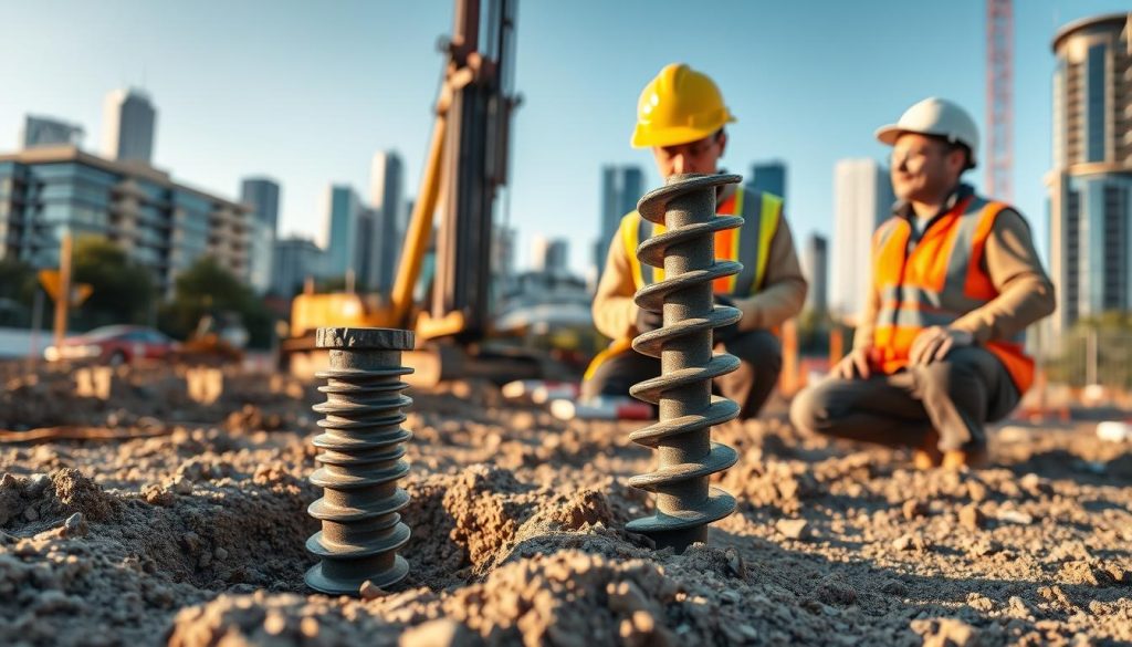 A construction scene showcasing screw piles being installed in a Melbourne urban setting. In the foreground, a sturdy screw pile is half-buried in the ground, displaying its helical design with protective coating. A construction worker in a hard hat and safety vest examines the installation process, radiating professionalism. In the middle ground, construction machinery like a drilling rig and hydraulic equipment are actively in use, emphasizing the engineering effort involved. The background features Melbourne's skyline, blending modern architecture with the natural landscape. The scene is bathed in warm afternoon sunlight, casting soft shadows and creating a diligent yet optimistic atmosphere. The angle captures the intricate details of the screw pile and the bustling activity of the construction site, highlighting the benefits of this underpinning technique.