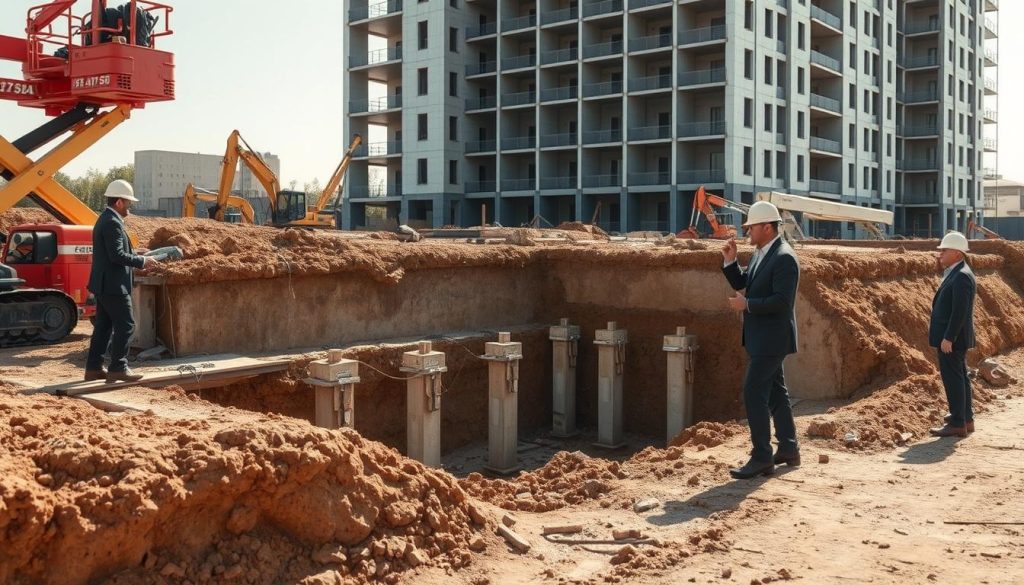 A construction site depicting the underpinning process, showcasing a team of professional workers in business attire. In the foreground, detail the workers using tools and equipment like hydraulic lifts and concrete pumps to support a building foundation. The middle ground features an excavation area with a clear view of the underlying soil structure and temporary support structures in place. In the background, a partially completed building looms, emphasizing the importance of stability and strength. The scene is lit with soft natural light, casting shadows that enhance the three-dimensional feel of the site. The atmosphere is focused and industrious, conveying a sense of urgency and efficiency in obtaining the underpinning permit. The angle is slightly elevated, offering a comprehensive view of the entire process.