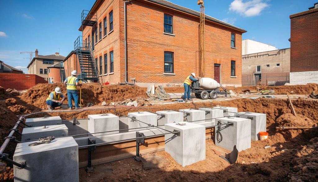 A construction site displaying the concrete underpinning process. In the foreground, large concrete blocks and steel reinforcements are being installed beneath a traditional brick building, showcasing the intricate assembly of the underpinning. Skilled workers, dressed in professional safety attire with hard hats, are diligently measuring and pouring concrete. In the middle ground, a partially excavated foundation reveals the depth of the work, with tools and equipment like a concrete mixer and shovels scattered around. In the background, a clear blue sky contrasts with the urban setting, highlighting the building's architecture. Soft, natural daylight illuminates the scene, casting gentle shadows that enhance the textures of the concrete and machinery, conveying a sense of industriousness and professionalism in the underpinning process.