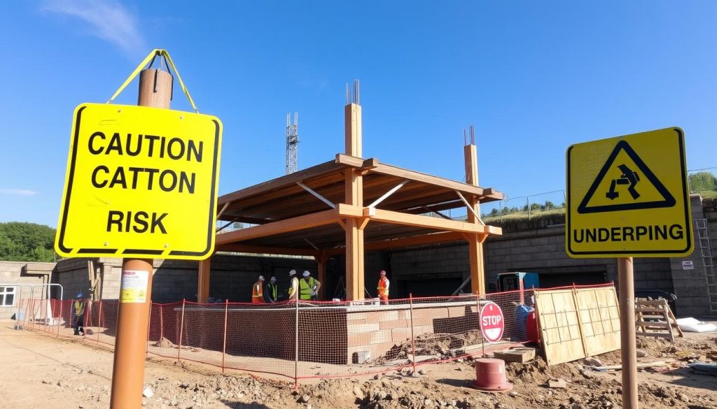 A construction site featuring a temporary propping system during underpinning, with multiple warning signs prominently displayed. In the foreground, bright yellow and black hazard signs, such as "Caution," "High Risk," and "Underpinning in Progress," are strategically placed around the area. The middle ground showcases a robust temporary propping framework made of steel beams and wooden supports, holding up the structure above, with construction workers in professional safety attire monitoring the scene. The background reveals a partially excavated foundation, with tools and machinery scattered about. The lighting is natural, with a clear blue sky overhead, casting soft shadows that enhance the scene's depth. The atmosphere conveys a sense of urgency and caution, illustrating the critical safety measures in place during underpinning operations.