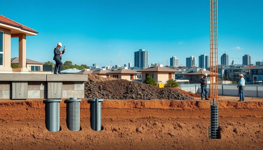 A construction site featuring various underpinning methods illustrated in a clear, informative manner. In the foreground, a detailed view of traditional underpinning techniques, including concrete piers and steel supports, is showcased with workers in professional business attire observing the process. The middle ground depicts modern underpinning methods like helical piles and resin injection, with workers engaged in the installation process. The background shows an urban Melbourne landscape, highlighting residential buildings and a clear blue sky, bathed in natural daylight. The scene is well-composed with a slight aerial perspective, capturing the complexity and significance of underpinning in construction. The overall mood is professional and educational, designed to convey innovation and stability.