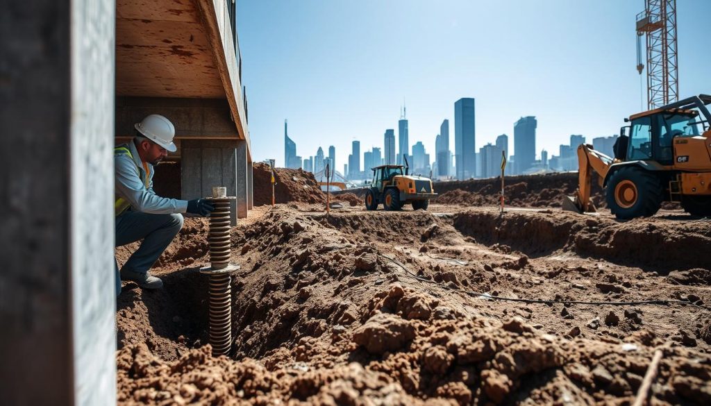 A construction site focused on helical pier underpinning for foundation repairs in Melbourne. Foreground features a technician in professional attire inspecting structural elements, with a close-up of helical piers embedded in the ground. The middle ground showcases workers carefully maneuvering machinery, symbolizing meticulous foundation work, while a partially excavated area reveals soil layers. Background displays a modern Melbourne skyline under a clear blue sky, emphasizing the urban setting. Soft natural lighting highlights the textures of the soil and equipment, creating a sense of professionalism and progress. The atmosphere conveys reliability and expertise in foundation repair services, reflecting the importance of underpinning techniques. A construction site focused on helical pier underpinning for foundation repairs in Melbourne. Foreground features a technician in professional attire inspecting structural elements, with a close-up of helical piers embedded in the ground. The middle ground showcases workers carefully maneuvering machinery, symbolizing meticulous foundation work, while a partially excavated area reveals soil layers. Background displays a modern Melbourne skyline under a clear blue sky, emphasizing the urban setting. Soft natural lighting highlights the textures of the soil and equipment, creating a sense of professionalism and progress. The atmosphere conveys reliability and expertise in foundation repair services, reflecting the importance of underpinning techniques.
