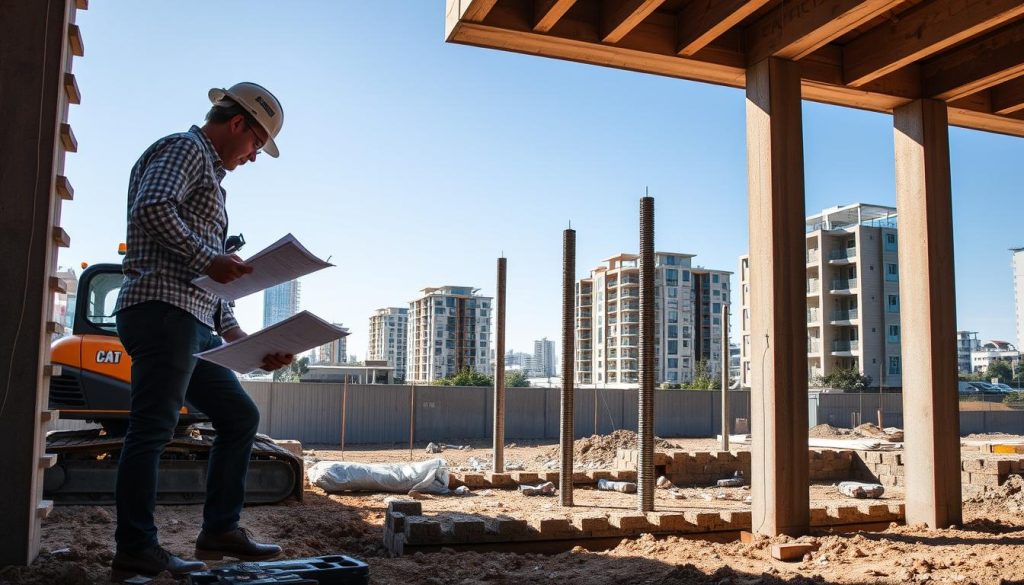 A construction site focused on mini pile underpinning, showcasing several mini piles being installed at the base of an existing structure. In the foreground, a worker in professional business attire checks plans and measurements against a small excavator. The middle ground features a series of vertically positioned mini piles, the steel casing glistening in the sunlight, illustrating the underpinning process. The background shows an urban Melbourne landscape, with partially completed buildings and a clear blue sky. Natural daylight enhances the scene, casting soft shadows, while the angle captures the depth and complexity of the construction work, conveying a sense of precision and professionalism in the mini pile underpinning process.