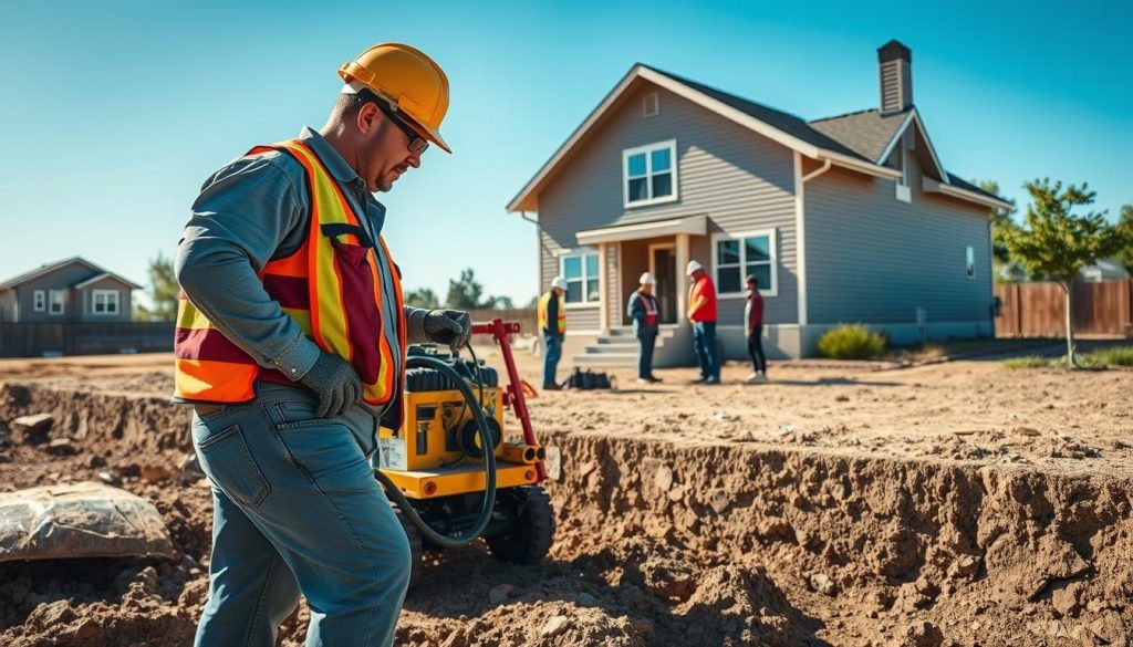 A construction site focused on safety-first engineering methods for foundation repair, showcasing a team of professional workers in hard hats and safety gear, examining a foundation. In the foreground, a sturdy, well-equipped hydraulic underpinning machine stands ready for action. The middle ground features workers collaborating and measuring, ensuring precise compliance with safety standards. The background reveals a house that sits on slightly uneven ground, with visible signs of foundation issues, emphasizing the need for repair. The scene is brightly lit by natural daylight, with a clear blue sky, symbolizing trust and reliability. The atmosphere conveys professionalism and peace of mind, capturing the essence of engineering expertise in foundation repair.