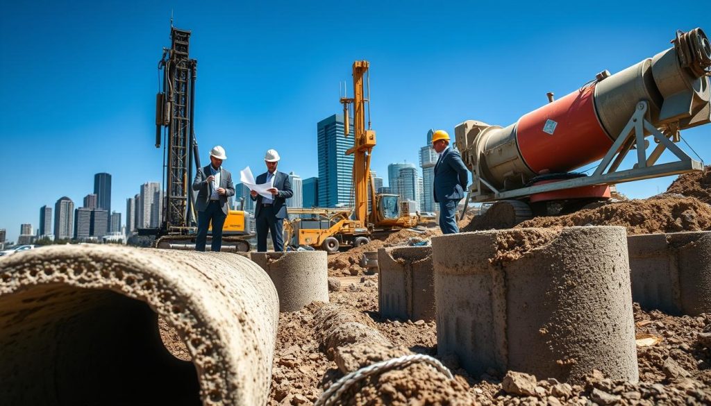 A construction site focusing on a bored pier project in Melbourne. In the foreground, there are large, cylindrical bored piers partially embedded in the ground, showcasing their textured concrete surface and rebar detailing. Workers in professional business attire are inspecting the site, holding blueprints, and discussing measurements. The middle ground features construction machinery, including a drill rig and concrete mixer, actively involved in the pier construction process. In the background, the skyline of Melbourne looms with modern buildings under a clear blue sky, providing a sense of location. The lighting is bright, suggesting midday, with shadows casting dynamically from the machinery. The overall atmosphere is one of focused professionalism, capturing the intricacies of the underpinning work.