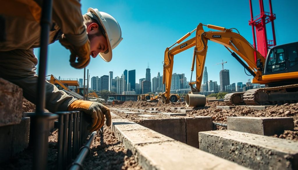 A construction site focusing on underpinning foundation repairs in Melbourne. In the foreground, a skilled laborer in a hard hat and work gloves inspects deep foundations, surrounded by steel rods and concrete blocks. The middle ground showcases ongoing underpinning work, with machinery like hydraulic jacks and excavators creating a dynamic scene. In the background, Melbourne's skyline is visible, featuring iconic buildings under a bright blue sky. Soft sunlight casts gentle shadows, adding depth to the scene, with a focus on the details of the equipment and construction elements. The atmosphere is industrious yet professional, highlighting the reliability and expertise of underpinning services. Aim for a slightly low angle to emphasize the scale of the project while maintaining clarity on the laborers’ actions.