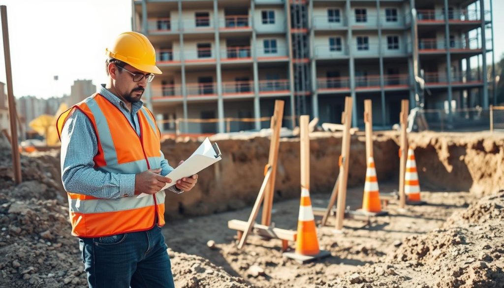 A construction site illustrates risk management safety during underpinning work. In the foreground, a professional engineer, dressed in a hard hat and safety vest, inspects temporary props that support a partially excavated foundation, using a clipboard to assess safety measures. The middle ground features several sturdy wooden and metal props arranged neatly, with orange safety cones marking restricted areas. In the background, a partially constructed building looms, scaffolding visible. The scene is bathed in soft, natural light, casting gentle shadows, while the angle captures both the immediate focus on safety equipment and the broader context of the construction site. The atmosphere is serious yet focused, emphasizing safety and compliance in a construction environment.
