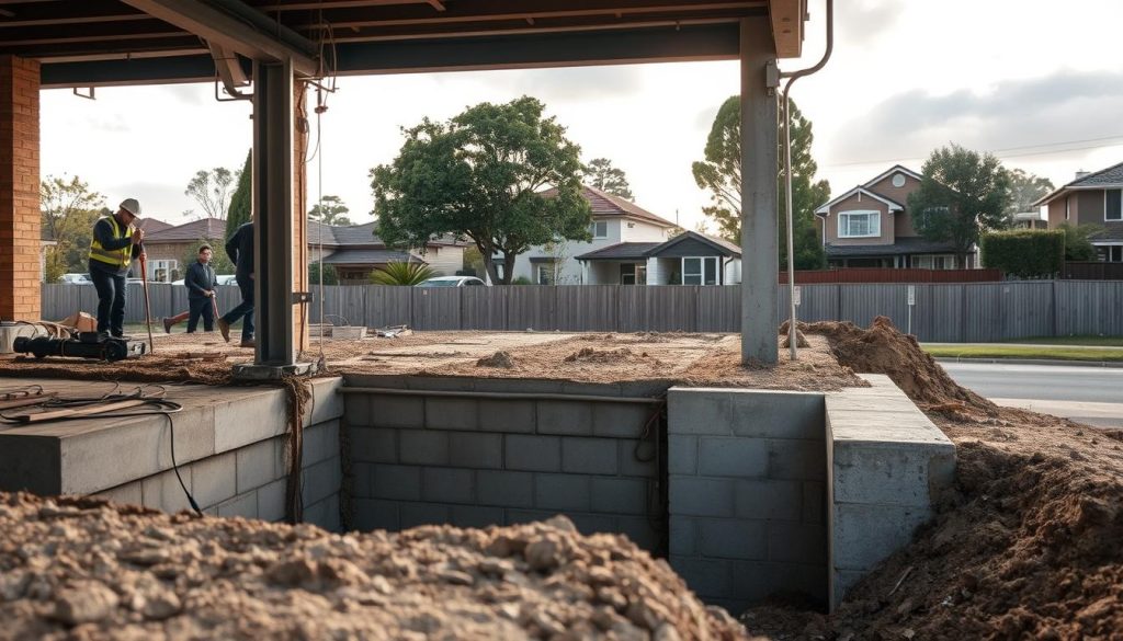 A construction site in Glen Eira, showcasing underpinning services in action. In the foreground, workers in professional attire are carefully using hydraulic jacks to reinforce a building's foundation, with visible steel beams and excavation equipment. The middle ground features a partially exposed foundation wall, revealing the intricate underpinning process, with concrete and rebar clearly displayed. In the background, a residential neighborhood is subtly shown, with trees and houses giving context to the location. The lighting is soft and natural, capturing the early morning sun filtering through clouds, creating a warm, professional atmosphere. The perspective is slightly elevated, as if viewed from across the street, providing a clear view of the underpinning work being conducted.