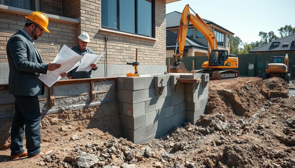 A construction site in Greater Dandenong showcasing the underpinning process. In the foreground, workers in professional business attire carefully assess a building's foundation with blueprints in hand and specialized engineering tools. In the middle ground, a large section of the existing foundation is being reinforced with concrete blocks and steel supports, illustrating the underpinning technique. Heavy machinery like a jackhammer and excavator are actively engaged in the background. The scene is bathed in natural daylight, creating a bright and focused atmosphere, emphasizing the importance of stability and safety in foundation work. The perspective is slightly elevated, showcasing the scope of the project while maintaining a professional and informative mood.