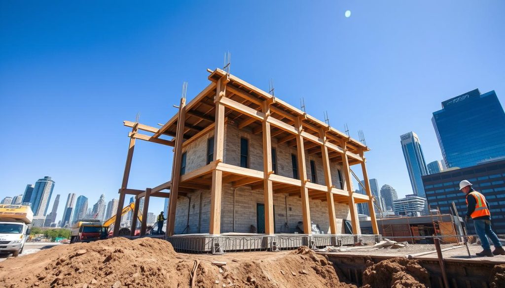 A construction site in Melbourne showcasing the intricate protection works and underpinning technology, under a clear blue sky bathed in natural sunlight. In the foreground, focus on sturdy wooden supports and steel beams reinforcing a historic building's foundation. Workers wearing hard hats and safety vests, engaged in precise tasks, exude professionalism. The middle ground reveals excavation machinery and tools, with dirt and rubble scattered, illustrating the complexity of underpinning. In the background, iconic Melbourne skyscrapers rise, capturing the city’s urban landscape. Use a wide-angle lens to encompass the activity and create depth, while soft shadows enhance the textures and structure of the materials, reflecting a sense of industriousness and stability in the construction efforts.