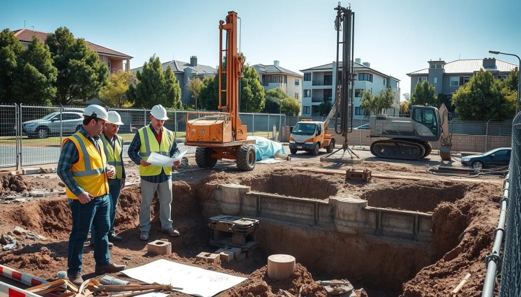 A construction site in Melbourne undergoing subsidence repair, featuring a partially excavated foundation surrounded by safety barriers and equipment. In the foreground, a group of professional workers in reflective vests and hard hats discusses the repair plans, holding blueprints and tools. The middle ground showcases heavy machinery, like hydraulic jacks and drilling equipment, actively engaged in the repair process, with dirt and concrete debris scattered around. In the background, typical Melbourne architecture can be seen, including modern residential buildings and lush trees. The scene is illuminated by bright, natural daylight, creating a clear and focused atmosphere. The perspective is slightly elevated, capturing the busy activity and attention to detail in the subsidence repair work, highlighting the expert craftsmanship involved.