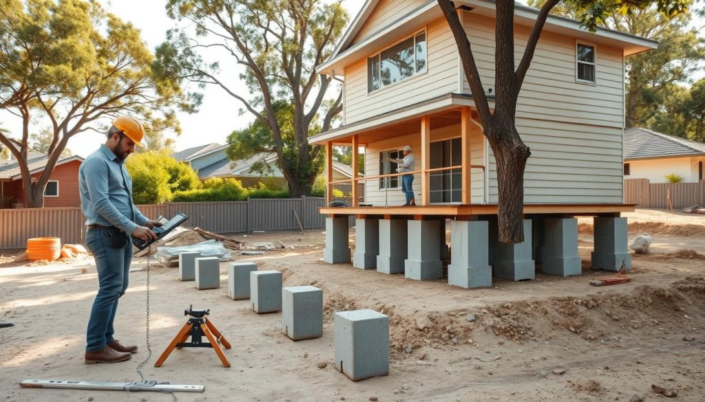 A construction site in a Sandbelt suburb of Melbourne, focusing on the process of restumping and reblocking. In the foreground, a professional worker in business casual attire examines a set of leveling tools and supports for a home foundation. In the middle ground, a partially elevated house shows exposed stumps being replaced with sturdy concrete blocks, highlighting the methodical and careful adjustment required for proper leveling. The background features characteristic Melbourne architecture, with nearby homes nestled among lush greenery and sandy soil. Soft, natural light filters through trees, creating a relaxed yet industrious atmosphere. The image is captured from a slightly elevated angle, emphasizing the foundation work while providing context of the suburban setting. A construction site in a Sandbelt suburb of Melbourne, focusing on the process of restumping and reblocking. In the foreground, a professional worker in business casual attire examines a set of leveling tools and supports for a home foundation. In the middle ground, a partially elevated house shows exposed stumps being replaced with sturdy concrete blocks, highlighting the methodical and careful adjustment required for proper leveling. The background features characteristic Melbourne architecture, with nearby homes nestled among lush greenery and sandy soil. Soft, natural light filters through trees, creating a relaxed yet industrious atmosphere. The image is captured from a slightly elevated angle, emphasizing the foundation work while providing context of the suburban setting.