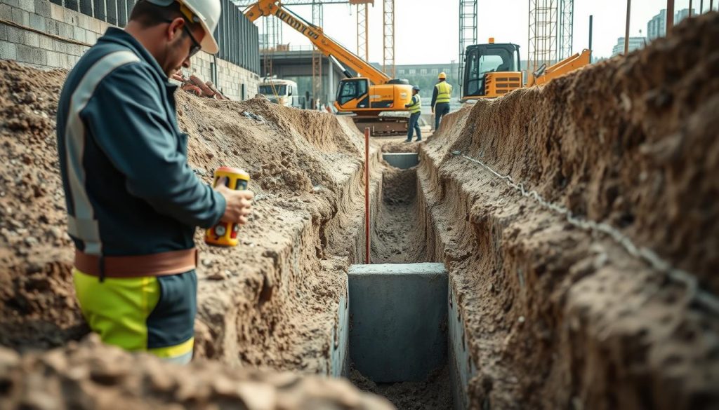 A construction site showcasing concrete underpinning techniques, featuring skilled workers in professional attire carefully executing traditional underpinning methods. In the foreground, a worker is seen inspecting excavated areas with a laser level, highlighting precision and detail. The middle ground includes a trench with reinforced concrete being applied, showcasing the robust materials used for stability. In the background, modern underpinning machinery contrasts with traditional tools, symbolizing the evolution of construction techniques. Soft, natural lighting illuminates the scene, creating a professional and focused atmosphere. Capture the depth and layers of the construction site with a slight low-angle shot to emphasize the height of the underpinning structures, evoking a sense of industriousness and innovation in the field of construction engineering.