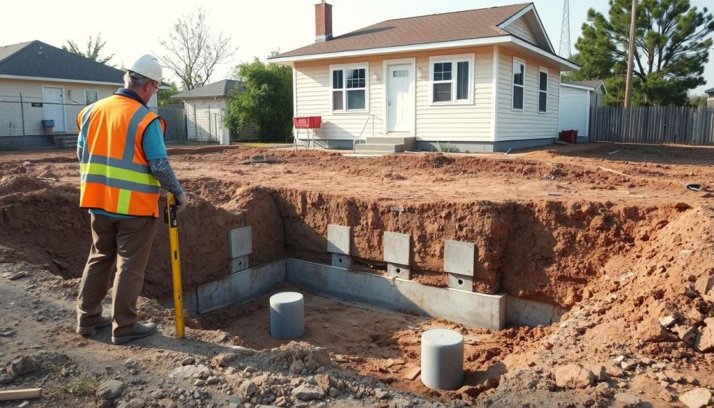 A construction site showcasing foundation repair techniques, focusing on underpinning methods. In the foreground, a crew of two professionals in safety vests and hard hats examines the foundation with tools like a level and measuring tape. The middle ground features a partially excavated area with visible underpinning supports, like concrete piers being installed. In the background, a modest residential structure shows signs of settling, with subtle cracks along its base. Soft, diffused natural lighting casts gentle shadows, creating an atmosphere of diligent work and professionalism. The perspective is slightly elevated, offering a wide view that captures the entire scene without clutter, emphasizing the importance of foundation integrity.