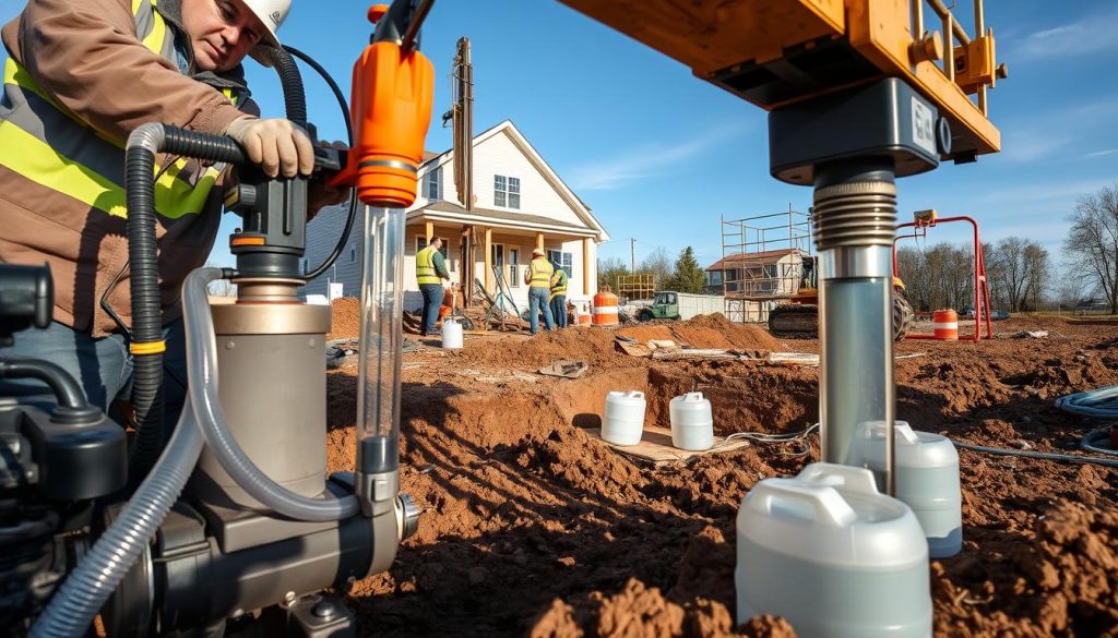 A construction site showcasing resin injection ground improvement technique, focusing on detailed machinery and equipment used in the process. In the foreground, a technician in professional work attire operates an injection pump, with clear tubes connected to the ground. The middle ground features workers preparing the site with drilling equipment and resin containers, surrounded by soil and construction materials. The background includes a partially excavated foundation of a home undergoing underpinning, with scaffolding and construction barriers. The scene is illuminated by natural sunlight, casting soft shadows, with a blue sky overhead. The overall mood conveys professionalism and precision in foundation repair, emphasizing modern technology in civil engineering.