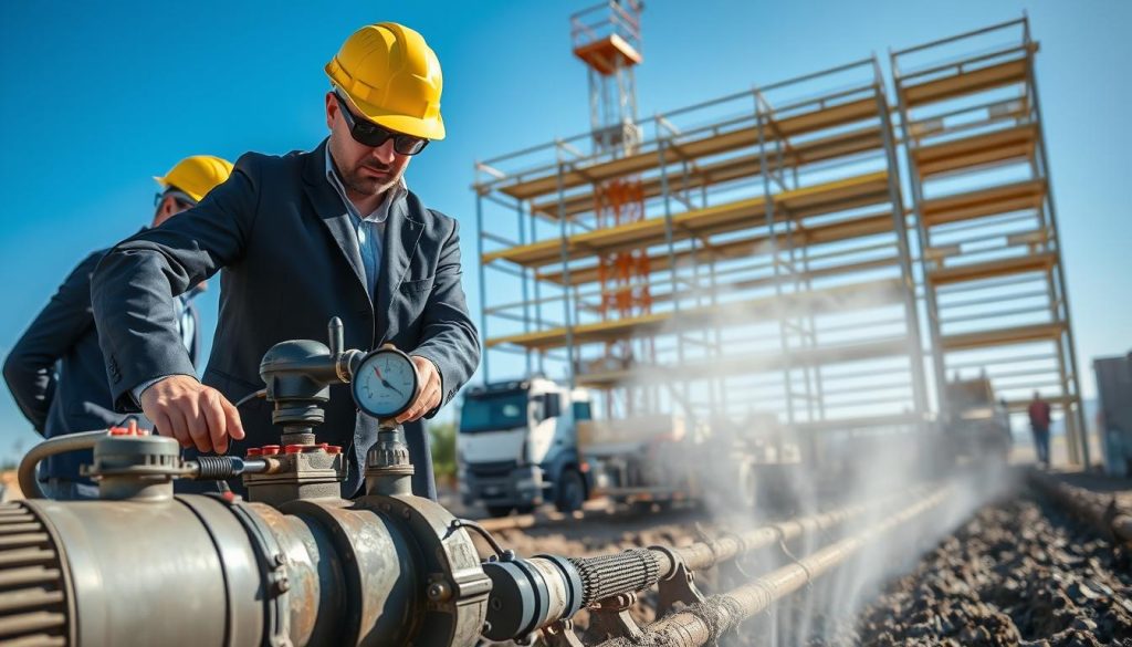A construction site showcasing the process of pressure grouting for foundations, featuring a team of three professionals in safety helmets and business casual attire. In the foreground, one technician is operating a grout pump, while another is monitoring the pressure gauge. The middle ground highlights a grouting operation in action, with grout being injected into the ground through a series of tubes, creating a slight mist in the air. In the background, there are construction vehicles and scaffolding under a clear blue sky, emphasizing an organized workspace. The lighting is bright and natural, casting soft shadows to enhance the details of the equipment. The atmosphere is focused and industrious, reflecting a serious yet efficient work environment.