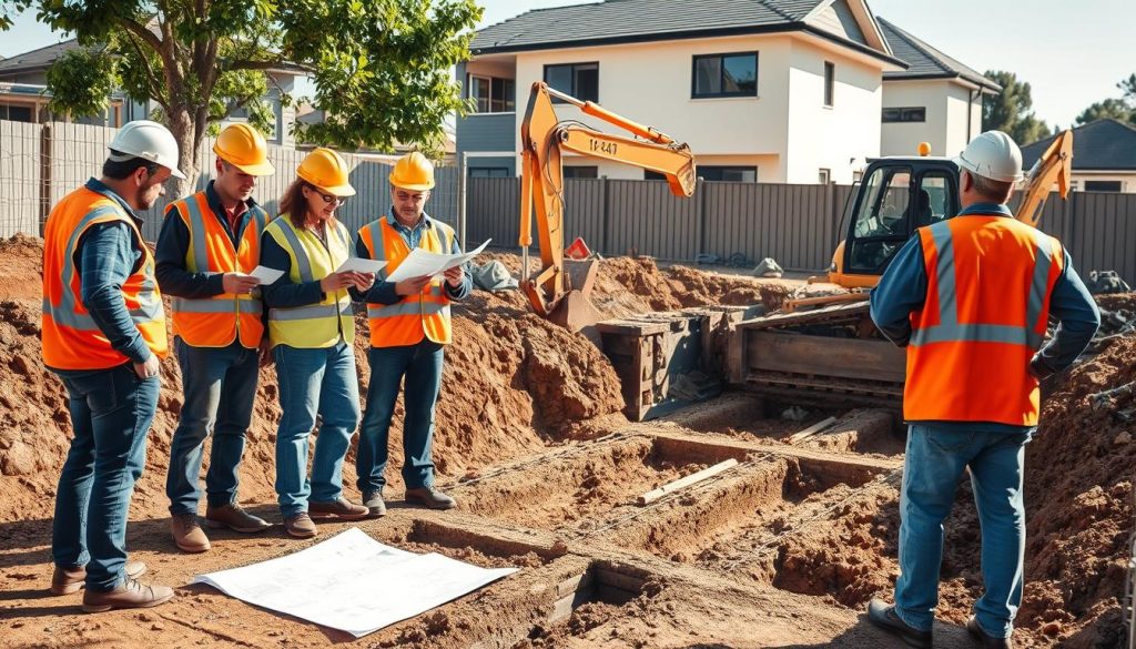 A construction site showcasing underpinning techniques in Victoria, Australia, with a focus on a partially excavated foundation. In the foreground, a team of diverse construction professionals in hard hats and reflective vests examines the site plans, using tools such as measuring tapes and levels. The middle ground features heavy machinery like a backhoe working on the foundation, with exposed soil and concrete visible around it. In the background, a residential building stands, illustrating the context of the underpinning work. The scene is illuminated by natural sunlight, casting soft shadows, creating a sense of an active workday. The overall mood is industrious and professional, emphasizing safety and careful planning for building permits.
