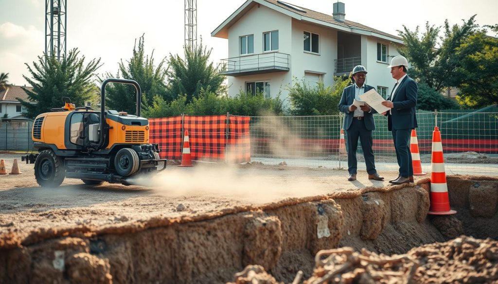 A construction site showcasing various underpinning methods to minimize noise and dust. In the foreground, display a modern hydraulic underpinning machine operating quietly, surrounded by dust suppression systems like misting devices. In the middle ground, illustrate engineers in professional business attire discussing plans, with one holding a tablet showing digital blueprints, emphasizing careful method selection. The background features a residential building under repair, with well-defined protective barriers and foliage to underline noise reduction strategies. Soft, diffused daylight filters through, creating an ambient atmosphere of focused professionalism and innovation. Use a wide-angle lens perspective to capture the comprehensive view of the site, enhancing the sense of activity and technical sophistication. A construction site showcasing various underpinning methods to minimize noise and dust. In the foreground, display a modern hydraulic underpinning machine operating quietly, surrounded by dust suppression systems like misting devices. In the middle ground, illustrate engineers in professional business attire discussing plans, with one holding a tablet showing digital blueprints, emphasizing careful method selection. The background features a residential building under repair, with well-defined protective barriers and foliage to underline noise reduction strategies. Soft, diffused daylight filters through, creating an ambient atmosphere of focused professionalism and innovation. Use a wide-angle lens perspective to capture the comprehensive view of the site, enhancing the sense of activity and technical sophistication.