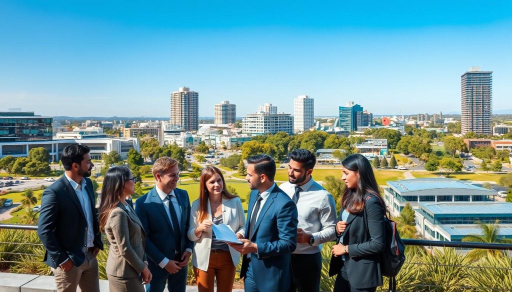 A contemporary urban landscape featuring the infrastructure of Brimbank, showcasing a bustling city environment. In the foreground, depict a diverse group of professionals in business attire discussing plans, highlighting collaboration and innovation. The middle ground reveals modern architecture, including commercial buildings and parks, illustrating the community's vitality. In the background, lush greenery and urban facilities symbolize sustainability, with a clear blue sky above. Soft, natural lighting casts gentle shadows, creating a warm and inviting atmosphere. Capture the scene from a slightly elevated angle, emphasizing the dynamic blend of nature and infrastructure. The overall mood conveys growth, opportunity, and a thriving community spirit.