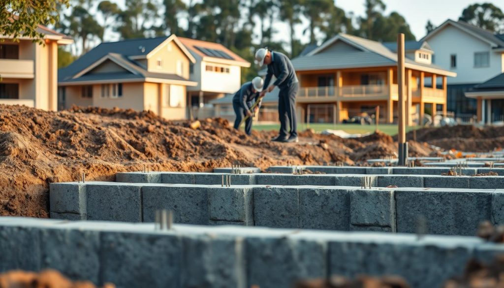 A detailed and realistic depiction of a home foundation being constructed in a suburban setting in Greater Dandenong. In the foreground, show sturdy concrete footings with reinforcing steel bars, clearly showing the groundwork. In the middle, display construction workers in professional business attire, carefully measuring and preparing for underpinning, emphasizing teamwork and attention to detail. The background features partially framed houses under construction, highlighting a vibrant neighborhood scene. The lighting is soft, suggesting early morning or late afternoon, casting gentle shadows that enhance the textures of the earth and concrete. Capture a mood of diligence and professionalism, conveying the importance of a solid foundation for lasting homes.