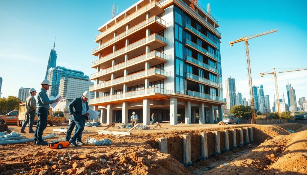 A detailed architectural scene showcasing the process of underpinning a building in Melbourne. In the foreground, a team of engineers in professional attire examines blueprints at a construction site, surrounded by tools and machinery. In the middle ground, workers are seen carefully installing underpinning supports, demonstrating a methodical approach. The background features a modern Melbourne skyline, with clear blue skies and soft, natural lighting giving a sense of calm professionalism. The overall atmosphere is one of precision and diligence, highlighting the engineering aspect of construction with a focus on creating a stable foundation. Use a wide-angle lens to capture the entire scene, emphasizing the scale of the project while maintaining detail in the actions of the workers.