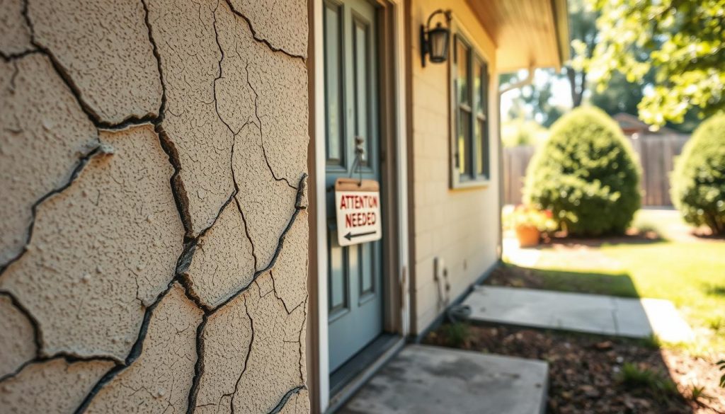 A detailed close-up of a residential slab home showing significant cracks in the walls and foundation. In the foreground, focus on a cracked wall with visible paint peeling, highlighting the distress and deterioration. The middle ground reveals a door slightly ajar, with a faded "Attention Needed" sign hanging on it, drawing attention to the need for repairs. In the background, a well-manicured lawn contrasts with the home's visible damage, creating a juxtaposition of beauty and neglect. Soft, natural lighting enhances the details of the cracks while casting shadows that emphasize the structural issues. The overall mood is one of urgency and concern, illustrating the importance of addressing these signs promptly.