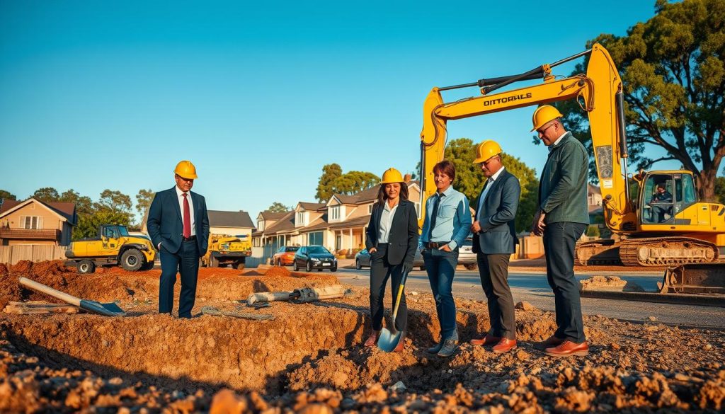 A detailed construction scene depicting underpinning work in Victoria, Australia. In the foreground, a diverse group of four professionals in business attire, including a woman in a hard hat, are inspecting a partially excavated foundation, with equipment like shovels and a surveying tool nearby. The middle ground features an active construction site, with heavy machinery like excavators and piling rigs in use. In the background, Victorian-style homes can be seen, partially obscured by trees, under a clear blue sky. Golden hour lighting casts a warm, inviting glow on the scene, enhancing the mood of diligence and professionalism in construction. Focused, wide-angle lens captures the scale of the work, emphasizing the intricacy of underpinning costs and processes.
