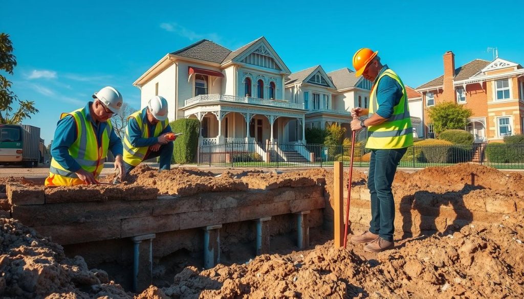 A detailed construction scene depicting underpinning work on a residential property in Wyndham, Melbourne. In the foreground, a team of three professional workers, dressed in safety gear including hard hats and reflective vests, are carefully examining the foundation with tools. The middle ground showcases a partially excavated site with exposed earth, showing the underpinning piers being installed. In the background, the distinct architectural style of Wyndham homes is visible, with traditional Victorian designs under a clear blue sky. The afternoon sunlight casts soft shadows, adding depth to the scene. Capture a focused, industrious atmosphere that emphasizes professional integrity and craftsmanship in structural engineering.