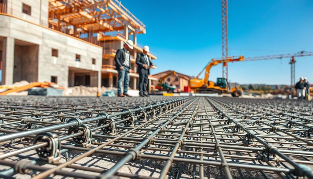 A detailed construction scene focusing on a concrete slab reinforcement being installed. In the foreground, steel rebar is intricately laid out and tied together, showcasing the interwoven patterns that provide structural support. In the middle ground, workers in professional business attire are carefully inspecting the layout, ensuring adherence to design standards. The background features an active construction site with partially completed foundations and construction machinery, all under a clear blue sky. The lighting is bright and natural, creating an energetic and industrious atmosphere. The camera angle is slightly elevated, offering a comprehensive view of the rebar setup and the construction activity, emphasizing the importance of reinforcement in slab design.