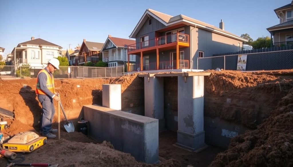 A detailed construction scene set in Melbourne, showcasing the process of underpinning a house for a second storey addition. In the foreground, a construction worker in professional attire is inspecting the foundation, surrounded by tools and equipment like shovels and hydraulic jacks. The middle ground features a partially excavated foundation with reinforced concrete pillars being installed, illustrating the underpinning process. In the background, iconic Melbourne architecture is visible, blending modern and historic styles, under a clear blue sky. The warm afternoon sunlight casts gentle shadows, emphasizing the project's scale and importance. The overall mood is industrious and focused, reflecting the precision required for successful underpinning projects.