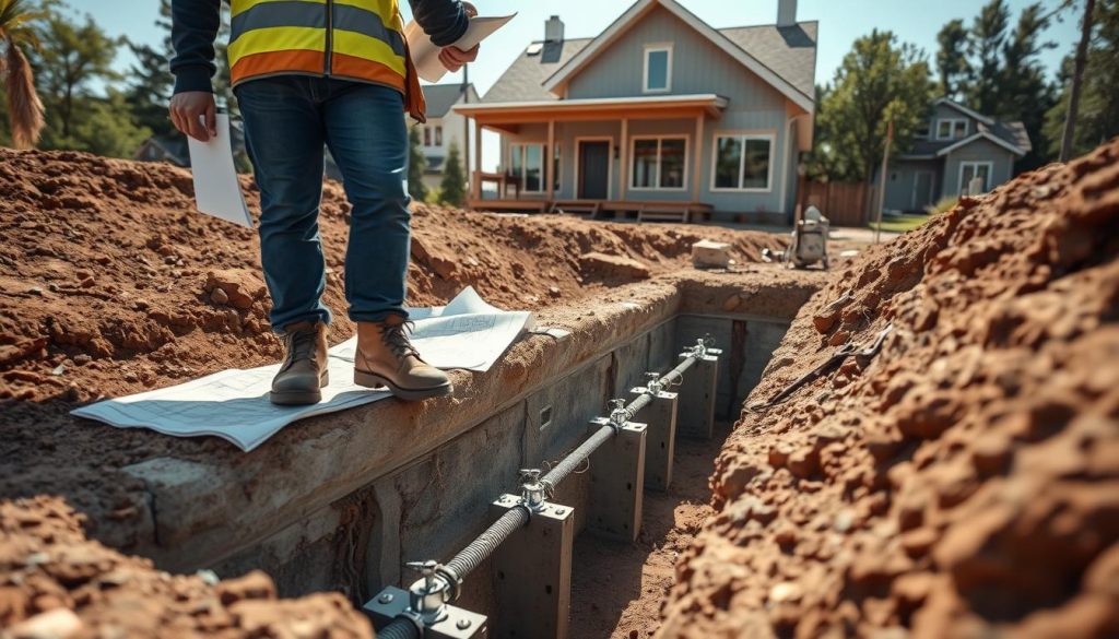 A detailed construction scene showcasing foundation solutions for underpinning homes. In the foreground, a skilled contractor in professional attire examines a foundation site, surrounded by blueprints and tools. The middle ground features a partially dug trench where robust steel reinforcements and concrete footings are being installed, symbolizing strength and safety. In the background, a modern home stands resiliently, illustrating the end goal of secure living spaces. The lighting is bright and natural, creating an optimistic atmosphere, while a wide-angle lens captures the intricacies of the construction process, emphasizing teamwork and craftsmanship. The overall mood conveys a sense of reliability and professionalism in home safety solutions.