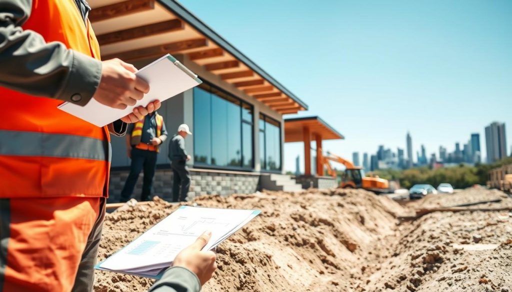 A detailed construction site focused on underpinning for slab homes, showcasing workers in professional attire actively engaging in foundation work. In the foreground, a construction worker examines cost estimates and timeframes on a clipboard. In the middle ground, a visible section of a slab home with exposed foundations and heavy machinery, illustrating the underpinning process. In the background, Melbourne's skyline is subtly visible under a clear blue sky, adding context to the location. Soft, natural lighting enhances the professionalism of the scene, while the angle captures both the workers' concentration and the scale of the foundation work. The mood should convey diligence, planning, and the complexities of construction timelines.
