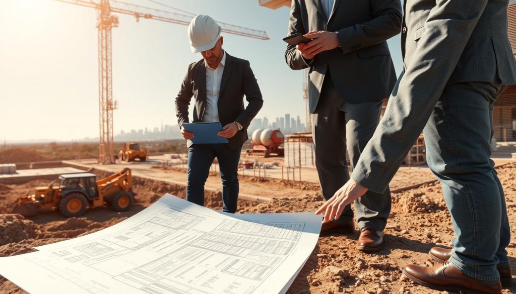 A detailed construction site foundation process illustration, showcasing a team of four engineers in professional attire conducting a thorough assessment. In the foreground, they are actively examining architectural blueprints, with a digital tablet displaying structural diagrams. In the middle ground, the foundation site features heavy machinery, such as excavators and concrete mixers, alongside neatly arranged piles of construction materials. The background includes a clear sky and distant city skyline, creating a sense of progress and urban development. The scene is bathed in warm sunlight, casting soft shadows, enhancing the engineering-focused atmosphere. The camera angle is slightly elevated, providing a comprehensive view of the site, conveying calm professionalism and meticulous attention to detailed engineering processes.
