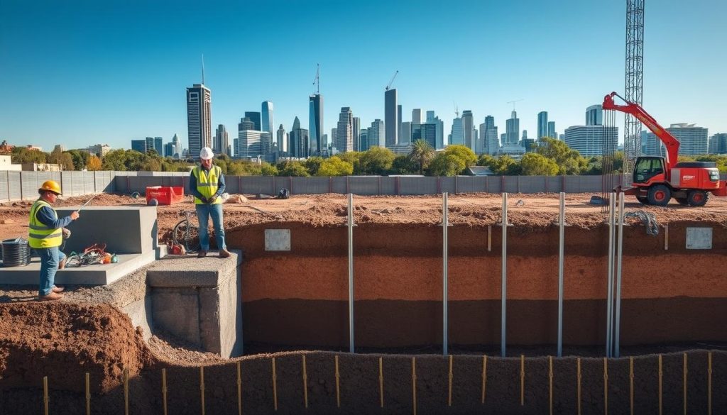 A detailed construction site illustrating various underpinning methods. In the foreground, skilled workers in professional safety gear are demonstrating three techniques: a concrete pouring setup with forms and tools, resin injection equipment positioned beside a trench, and screw piling machinery erecting supports into the ground. The middle ground features a partially excavated foundation exposing soil layers, with clear signs of each method's application. The background showcases a modern Melbourne skyline under a bright, clear sky, emphasizing urban development. The scene is well-lit, highlighting textures and contrasts, shot from a slight elevation to capture the overall scope of the site. The mood is industrious and focused, reflecting the complexity and importance of foundation reinforcement techniques.