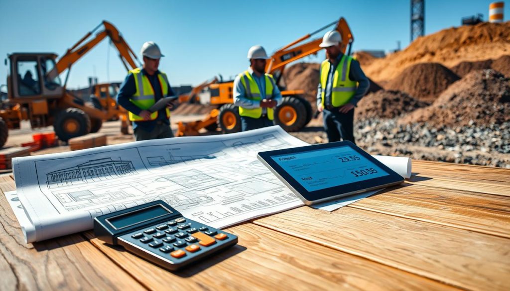 A detailed construction site in Melbourne, showcasing the costs associated with fill and made ground projects. In the foreground, illustrated blueprints and architectural plans rest on a wooden table with a calculator and a digital tablet displaying project timeframes. The middle layer includes construction workers in professional safety gear, reviewing the plans while discussing with a project manager. The background features a bustling active construction site with large machinery, earth-moving equipment, and piles of soil or fill material, under a clear blue sky. The lighting is bright and natural, suggesting midday, with shadows cast by the machinery. The mood is focused and industrious, reflecting the complexity and financial considerations of urban development projects.