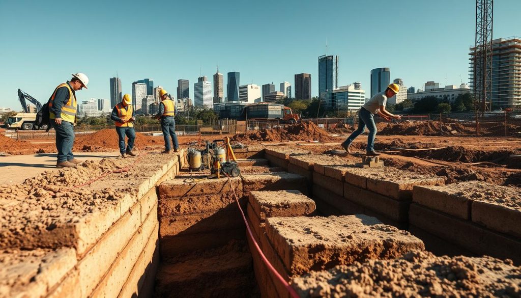 A detailed construction site in Melbourne's Sandbelt region, focusing on underpinning foundations. In the foreground, a crew of three workers in safety helmets and professional attire carefully examines soil samples. The middle ground features various foundation tools like hydraulic jacks and soil testing equipment, surrounded by partially dug trenches revealing layered sandbelt soils. In the background, the typical Melbourne skyline shows a mix of modern and heritage buildings under a clear blue sky. Soft, natural lighting creates a warm atmosphere, casting gentle shadows that emphasize the work being done. An angled perspective showcases the depth of the trenches, adding a dynamic quality to the scene while highlighting the importance of foundation integrity in this geologically unique area. A detailed construction site in Melbourne's Sandbelt region, focusing on underpinning foundations. In the foreground, a crew of three workers in safety helmets and professional attire carefully examines soil samples. The middle ground features various foundation tools like hydraulic jacks and soil testing equipment, surrounded by partially dug trenches revealing layered sandbelt soils. In the background, the typical Melbourne skyline shows a mix of modern and heritage buildings under a clear blue sky. Soft, natural lighting creates a warm atmosphere, casting gentle shadows that emphasize the work being done. An angled perspective showcases the depth of the trenches, adding a dynamic quality to the scene while highlighting the importance of foundation integrity in this geologically unique area.