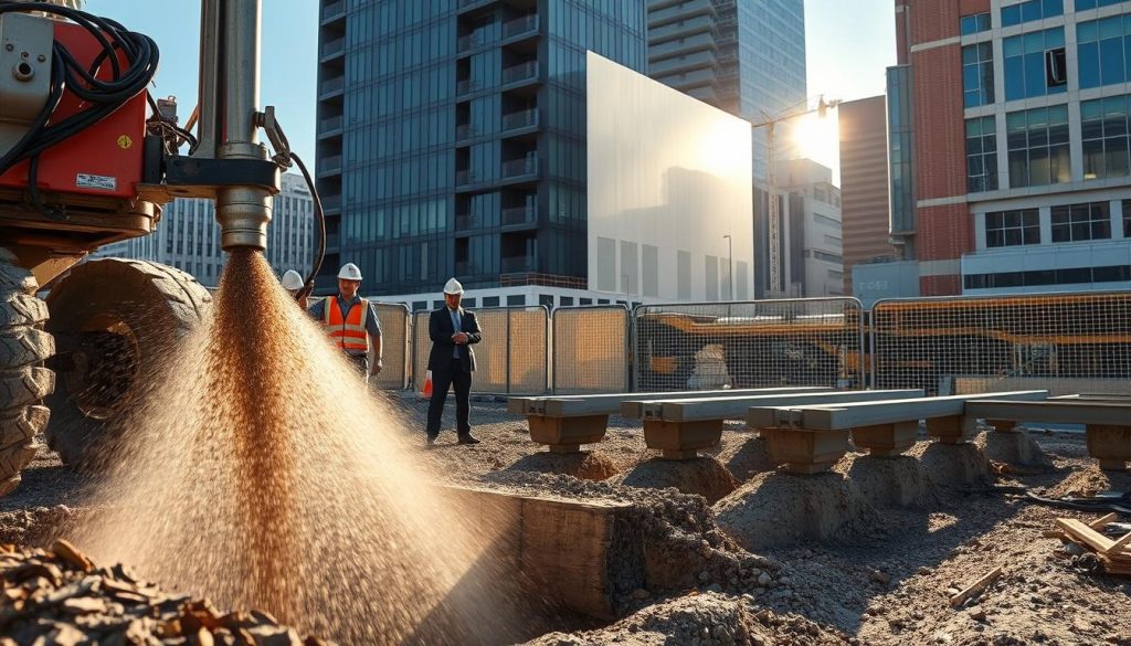 A detailed construction site scene depicting jet grouting underpinning in an urban setting in Melbourne. In the foreground, show a jet grouting rig with its nozzle spraying a mixture into the ground, creating a plume of drill cuttings. Workers in professional business attire are monitoring the process, focused on their tasks. In the middle ground, illustrate support beams being installed to stabilize the foundation, showcasing the complexity of the underpinning process. The background features iconic Melbourne architecture, partially obscured by construction barriers and equipment, under soft afternoon sunlight casting long shadows. Capture the atmosphere of precision and innovation in engineering, emphasizing safety and professionalism in the construction field.