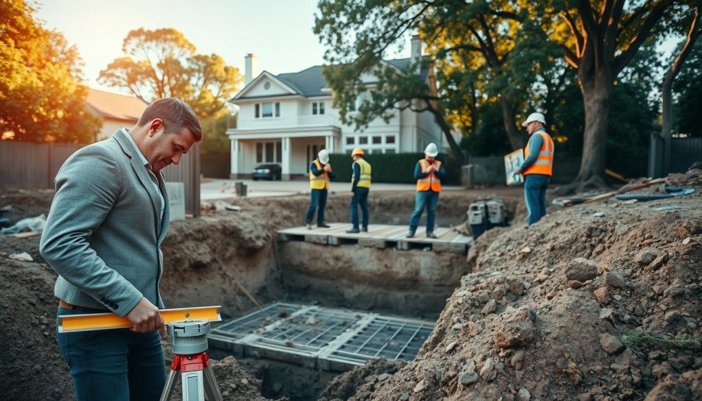 A detailed construction site scene focused on an underpinning job in Boroondara. In the foreground, a professional surveyor in modest business attire measures the foundation area with a level tool, conveying precision. The middle ground features a partially excavated foundation with visible underpinning supports being installed, showcasing workers in hard hats and safety vests actively engaging with equipment. The background consists of a residential property, highlighting the architectural features characteristic of Boroondara, framed by trees. The lighting is warm and natural, suggesting a late afternoon setting, casting soft shadows. Capture the atmosphere of diligence and expertise, making it clear that this is an essential step in home stability and renovation.