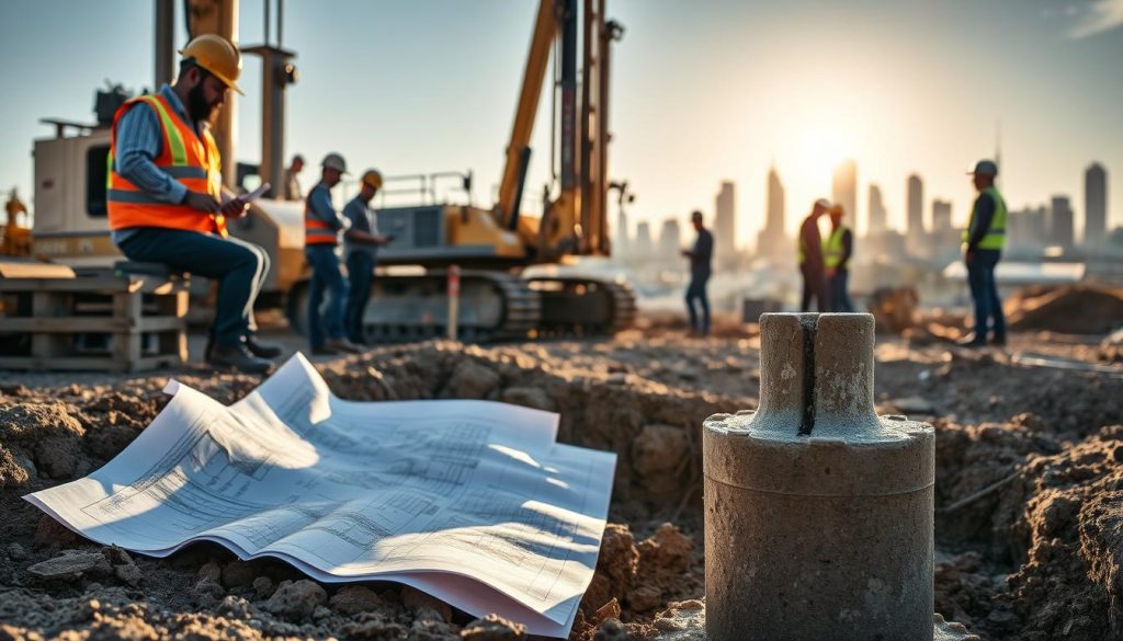 A detailed construction site showcasing bored piers being installed in Melbourne. In the foreground, rugged, reinforced concrete bored piers emerge from a freshly dug hole, with a worker in a hard hat and safety vest examining blueprints laid on a nearby crate. The middle ground features heavy machinery like a drilling rig and excavator, with workers discussing plans in professional attire. In the background, the iconic Melbourne skyline is visible under a clear blue sky, accentuated by soft morning light casting long shadows. The mood is industrious and focused, highlighting the importance of foundation preservation and engineering. The composition should be shot at a slightly lower angle for emphasis, creating a sense of depth and showcasing the scale of involvement in the underpinning project.
