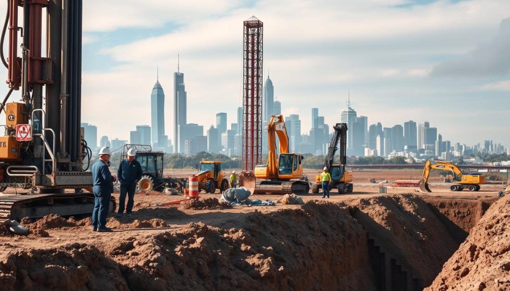 A detailed construction site showcasing deep foundation systems in Melbourne's challenging soils. In the foreground, a team of engineers in professional attire examines a drilling rig surrounded by concrete piles and deep trench excavations. The middle ground features workers operating heavy machinery like excavators and pile drivers, surrounded by tools and materials typical of deep foundation projects. The background shows a Melbourne skyline with iconic buildings, partially shrouded in a hazy afternoon mist. Natural lighting casts soft shadows, highlighting the textures of the soil and machinery. The atmosphere is focused and industrious, reflecting the complexity of engineering in urban environments.