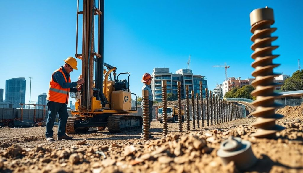 A detailed construction site showcasing the installation process of screw piling in Melbourne. In the foreground, a team of three professional workers in hard hats and safety vests, engaged in precise measurements with a large drill rig, symbolizing attention to engineering compliance. The middle ground features evenly spaced screw piles being meticulously installed into the earth, with clear signs of quality workmanship. In the background, a clear blue sky contrasts with urban structures, providing context to the Melbourne setting. The scene is illuminated by natural sunlight, enhancing textures and details of machinery and tools. Capture a sense of diligence and professionalism, reflecting a commitment to high standards in construction practices. Use a low angle to emphasize the scale of the machinery and the thoroughness of the installation process.