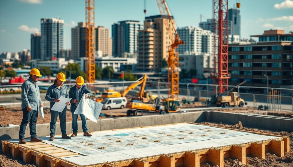 A detailed construction site showcasing the "process foundation" of a building in Frankston. In the foreground, a team of engineers, dressed in professional attire, examines blueprints and plans near a well-laid base with reinforced concrete and wooden framework. In the middle ground, cranes and heavy machinery are meticulously positioned, symbolizing engineering precision and the importance of compliance with local council regulations. The background features an urban skyline with modern buildings to represent the evolving architecture of Frankston. The scene is bathed in warm, natural light, suggesting a productive workday, with soft shadows enhancing the textures of the materials used. The atmosphere is focused and industrious, highlighting teamwork and professionalism in civil engineering.
